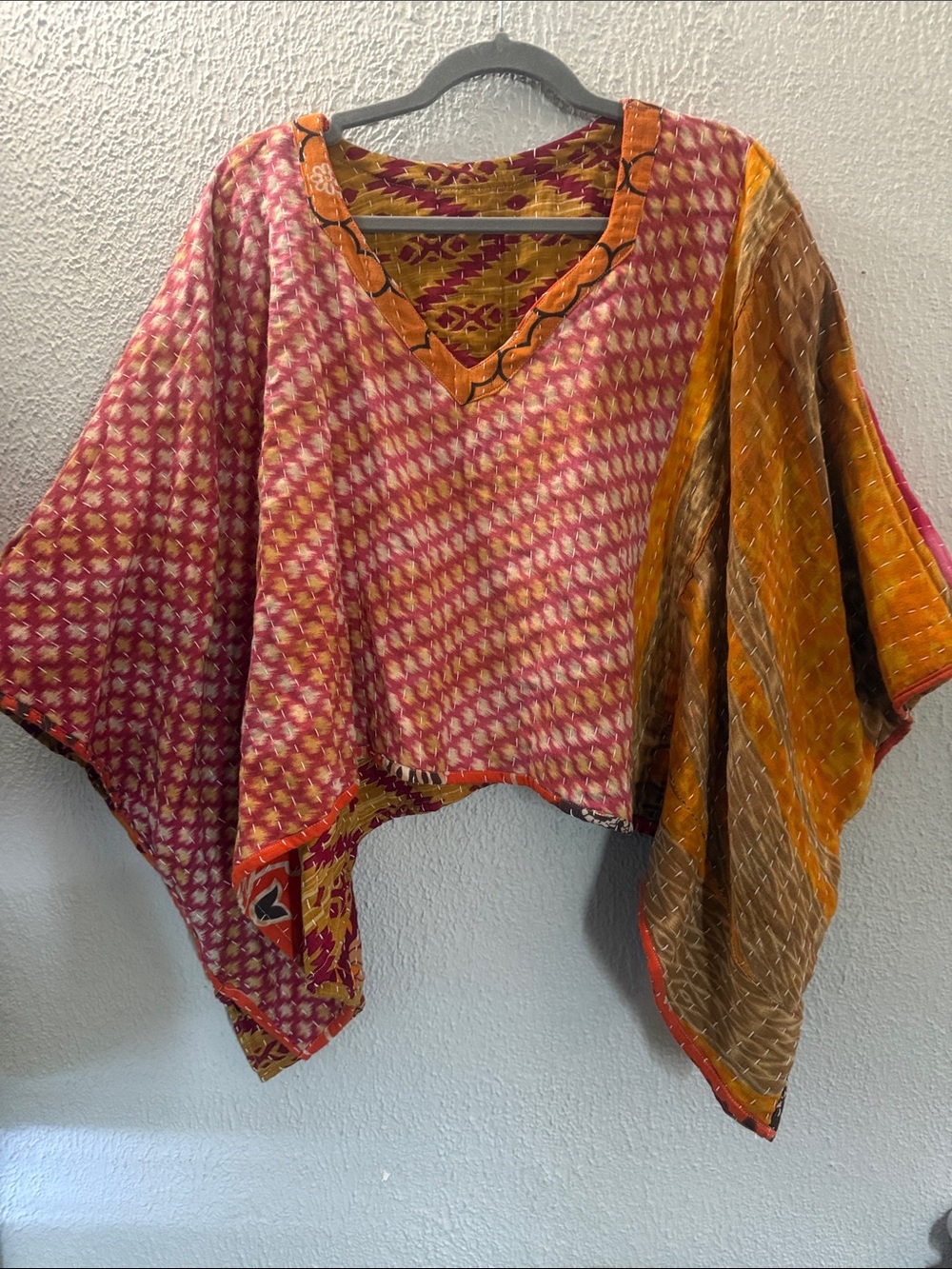 Upcycled Kantha Handcrafted Orange Patchwork V-Neck Cropped Tunic - Picture 3 of 4